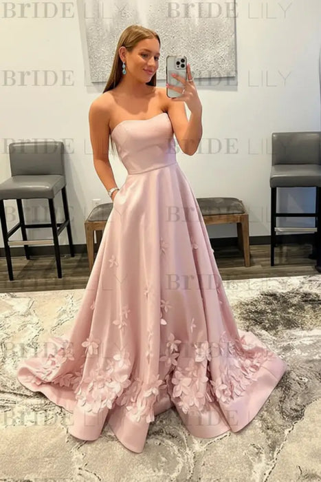Dusty Pink Strapless Satin Long Prom Dresses with 3D Flowers