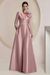 Dusty Pink Satin V-Neck Mother of the Bride Dress with 3/4 Sleeves with Split Front