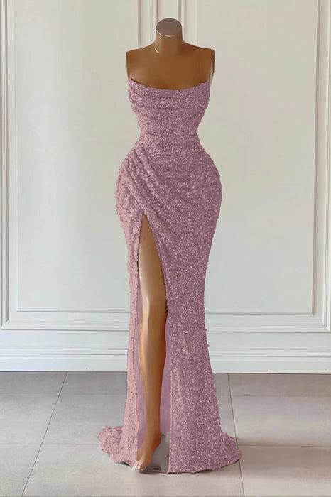 Dusty Pink Sequined Mermaid Prom Gown with Dramatic Slit Sleeveless - Prom Dresses