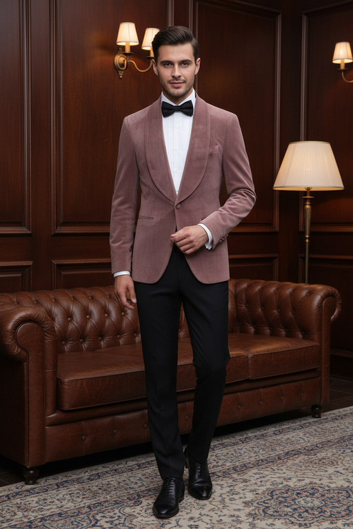 Velvet Dusty Pink Shawl Lapel Close Fitting Men Suits For Wedding