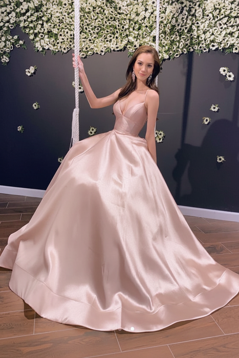 Dusty Pink Simple A Line V Neck Backless Yellow Long Prom Dresses