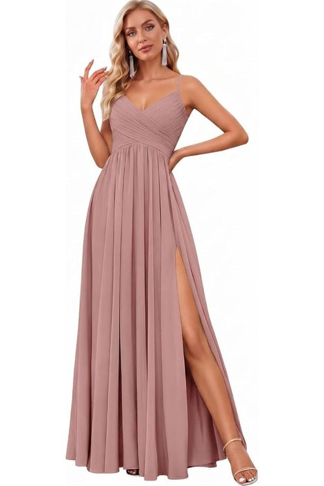 Spaghetti Strap V-Neck Chiffon Bridesmaid Dress with Slit