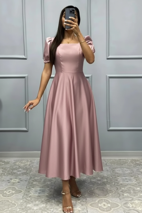 Dusty Pink Square Neck A-Line Prom Dress with Short Sleeves