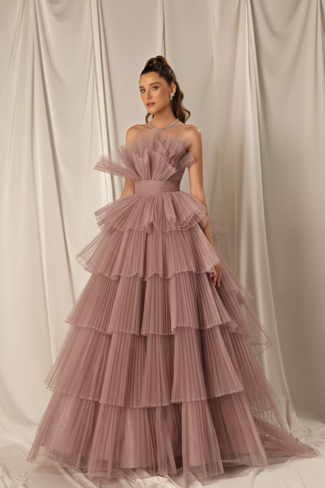 Dusty Pink Strapless Mermaid Evening Gown with Layers and Sleeveless Design