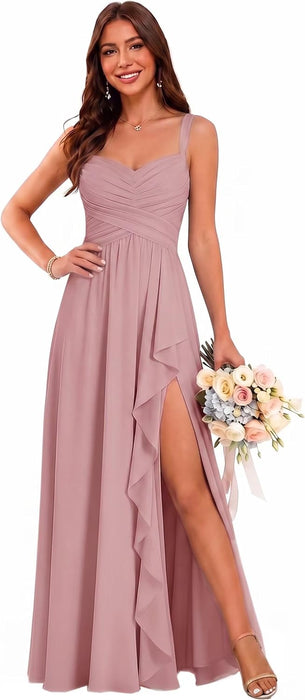 Women's Chiffon Bridesmaid Dresses Long Evening Formal Gown with Slit - Dusty Pink