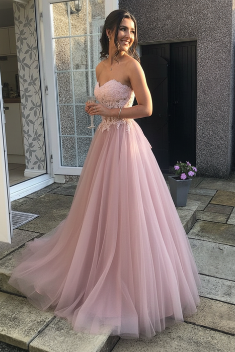 Sweetheart Open Back Pink Lace Long Prom Dresses Tulle Aline Formal Evening Dresses