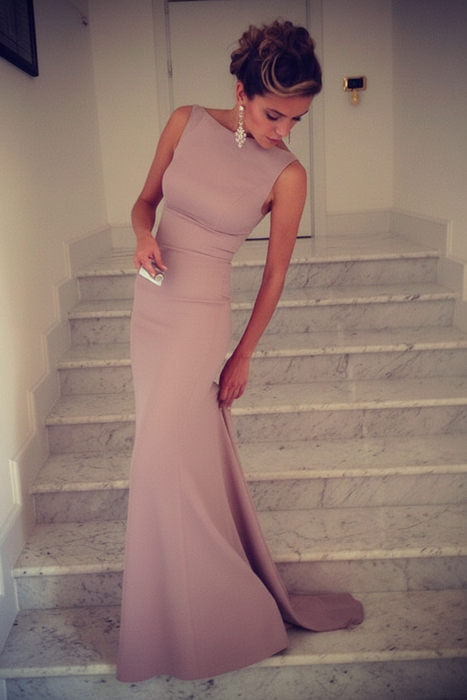 Dusty Pink Trumpet/Mermaid High Neck Sleeveless Spandex Floor-Length Dresses - Prom Dresses