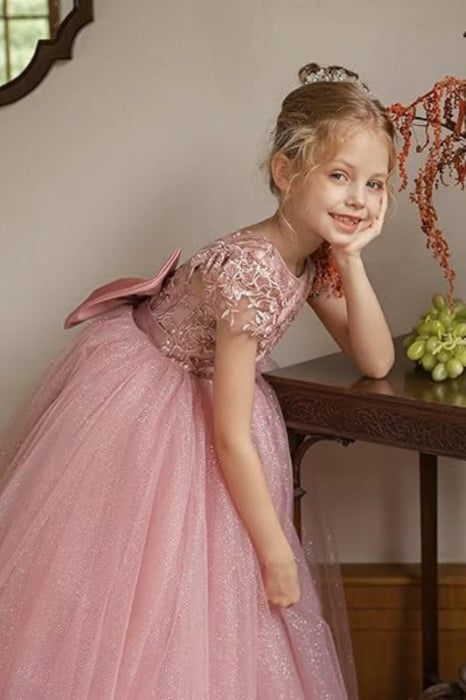 Dusty Pink Tulle Flower Girl Dress with Bow Cap Sleeves Little Girl Formal Evening Dress - Flower Girl Dress