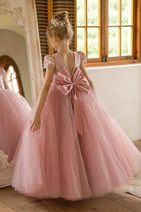 Dusty Pink Tulle Flower Girl Dress with Bow Cap Sleeves Little Girl Formal Evening Dress - Flower Girl Dress