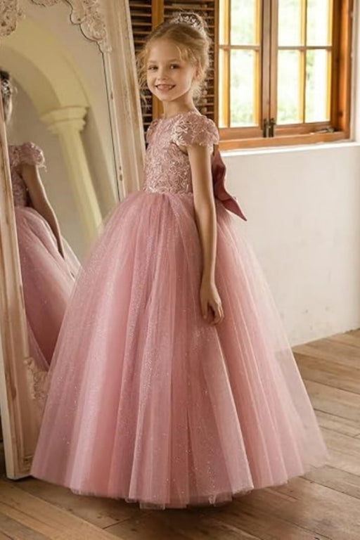 Dusty Pink Tulle Flower Girl Dress with Bow Cap Sleeves Little Girl Formal Evening Dress - Same As Photo / 2-3y - Flower Girl Dress