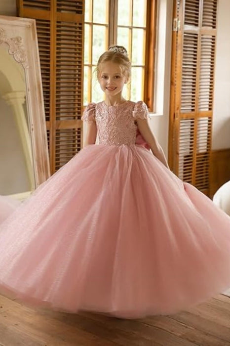 Dusty Pink Tulle Flower Girl Dress with Bow Cap Sleeves Little Girl Formal Evening Dress - Flower Girl Dress