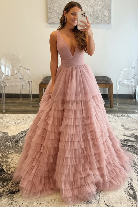 Dusty Pink Tulle Formal Evening Dresses 