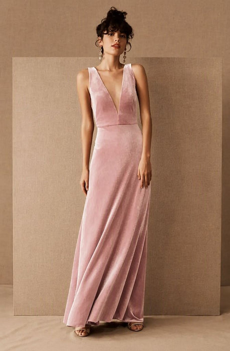 Brown Velour Evening Dress A-Line V-Neck Floor-Length Formal Dinner Dresses Sleeveless