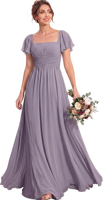 Bridelily Women's Flutter Sleeves Bridesmaid Dresses Square Neck Chiffon Maxi Dres - Dusty Purple