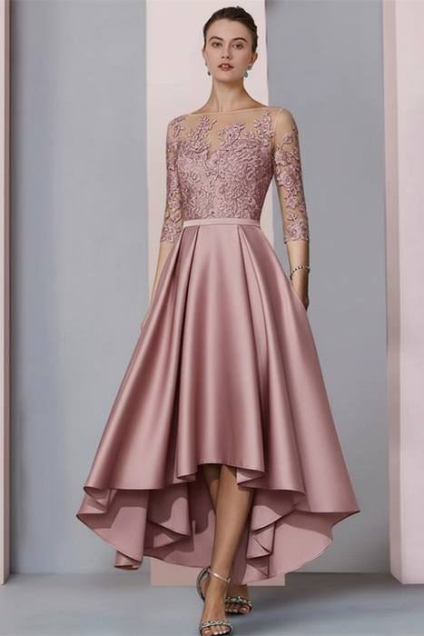 Dusty Rose Mermaid Satin Hi-Lo Mother of-Bride Dress with Appliques - Prom Dresses