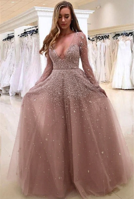 Dusty Rose Bridelily A-line Long Sleeves V-neck Floor-length Tulle Pearls Prom Dresses