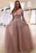 Dusty Rose Bridelily A-line Long Sleeves V-neck Floor-length Tulle Pearls Prom Dresses