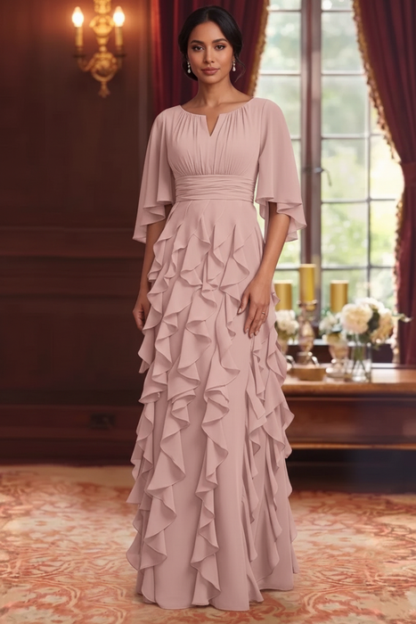 Dusty Rose Chiffon Mother of the Bride Dress Flutter Sleeves with Cascading Ruffles