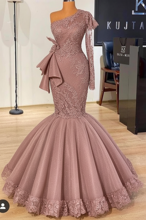 Dusty Rose Glitter Mermaid Prom Dress Long Sleeves Floral Lace Party Dress - Prom Dresses