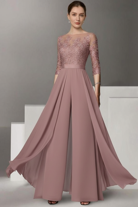 Dusty Rose Half Sleeves Chiffon Mother of Bride Jumpsuit with Appliques - Prom Dresses