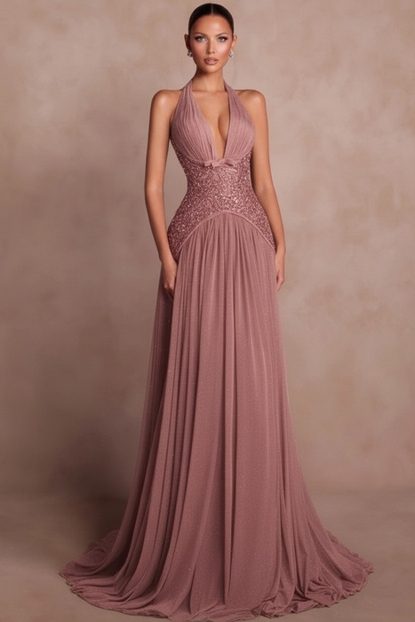 Dusty Rose Halter Aline Evening Dress Glitter Chiffon Prom Dress with Sequins