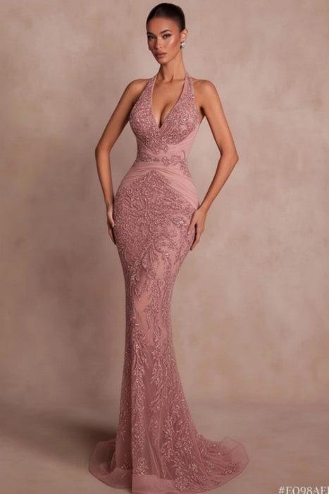 Halter Dark Green Mermaid Prom Dress Glitter Sequins Evening Gown