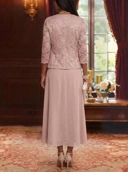 Back view of dusty rose lace jacket over chiffon dress