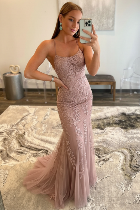 Dusty Rose Lace Mermaid Backless Long Prom Dresses