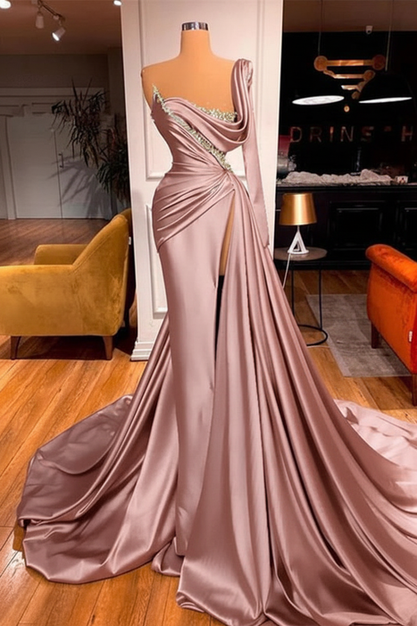 Dusty Rose One Shoulder Mermaid Prom Dress Beaded with Split
