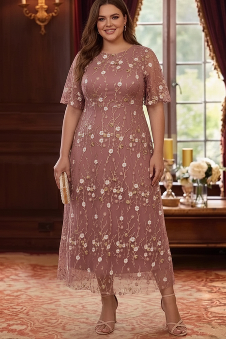 Dusty Rose Plus Size A-Line Lace Embroidery Mother of the Bride Dresses Ankle-Length Floral Wedding Guest Dress