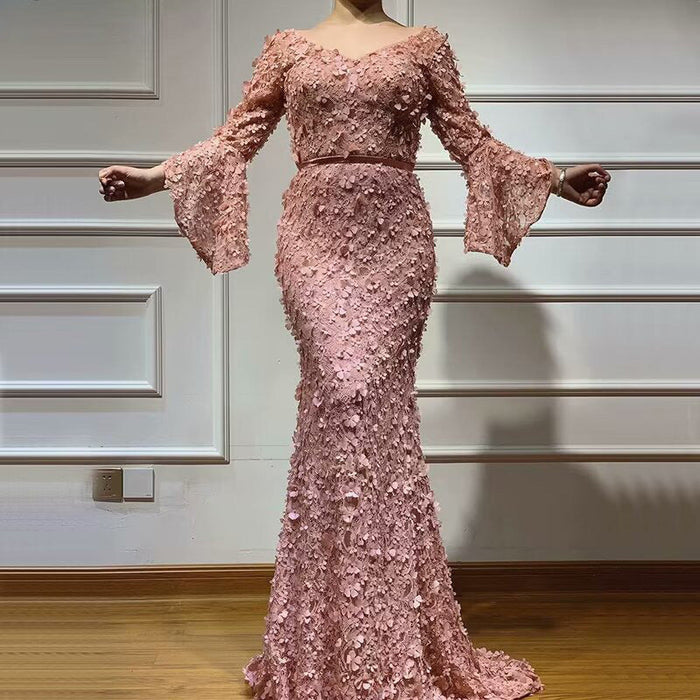 Dusty Rose Prom Dress, V-Neck Long Sleeve Mermaid with Applique Bridelily Dusty Rose Prom Dress, V-Neck Long Sleeve Mermaid with Applique Bridelily