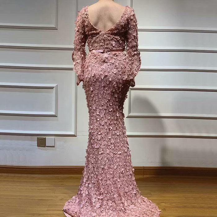 Dusty Rose Prom Dress, V-Neck Long Sleeve Mermaid with Applique Bridelily Dusty Rose Prom Dress, V-Neck Long Sleeve Mermaid with Applique Bridelily