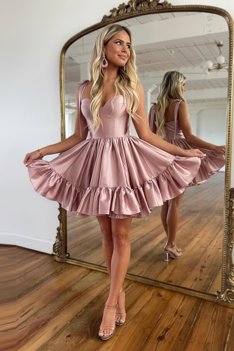 Dusty Rose Satin Graduation Dress Aline Short Cocktail Dress with Straps