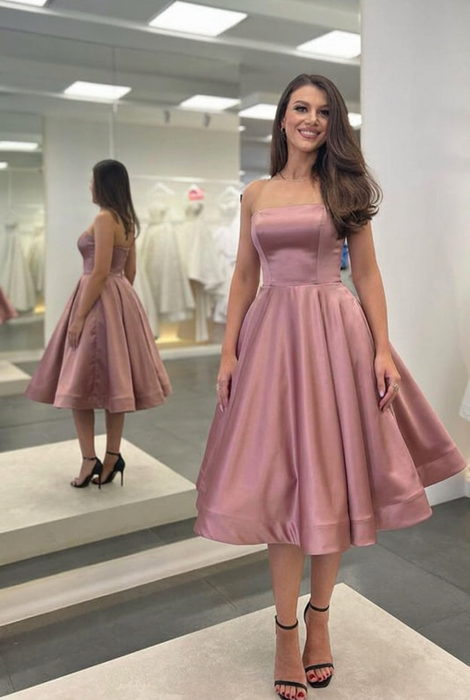 Dusty Rose Satin Strapless Prom Dress