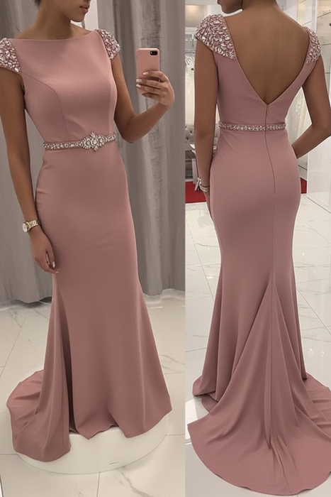 Dusty Rose Sequined Fitted Cap Sleeve Mermaid Prom Dress Formal Gown - Prom Dresses