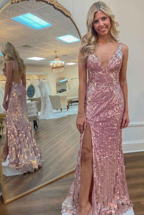 Dusty Rose Sequins V Neck Backless Sleeveless High Slit Prom Dress