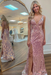 Dusty Rose Sequins V Neck Backless Sleeveless High Slit Prom Dress