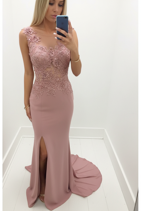 Dusty Rose Sheath/Column Scoop Sleeveless Applique Chiffon Dresses - Prom Dresses