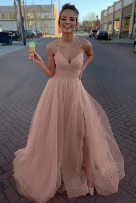 Dusty Rose Simple A Line V Neck Tulle Long Prom Dresses with High  Split