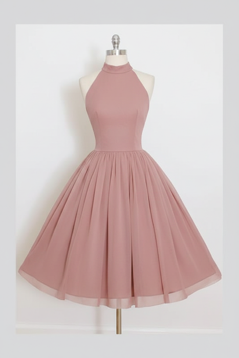 Dusty Rose Sleeveless Homecoming Simple Halter Party Dresses Tea Length Graduation Dress