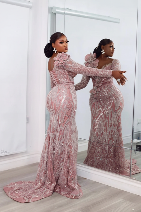 Dusty Rose Stylish One-Shoulder Deep V-Neck Mermaid Prom Dress with Appliques