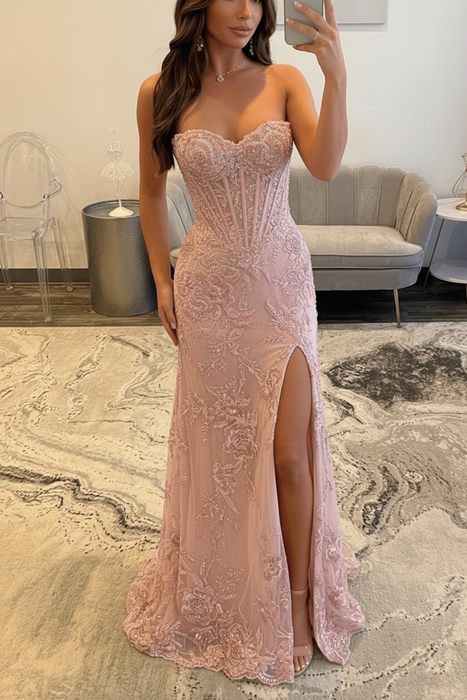 Dusty Rose Sweetheart Lace Mermaid Evening Dress Sequins Corset Prom Dress with Appliques