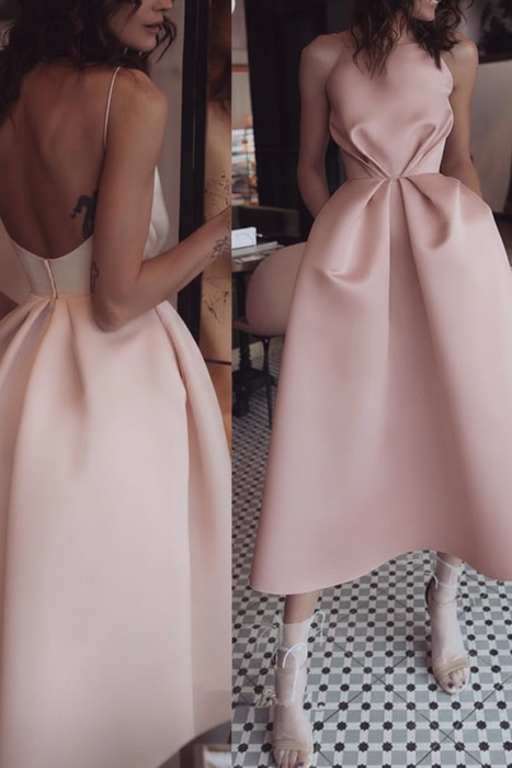 Dusty Rose Unique Tea Length Satin Party Spaghetti Straps Backless Prom Dress - Prom Dresses