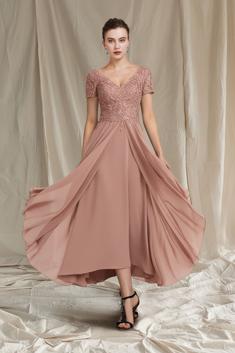 Dusty Rose V-Neck A-Line Princess Tea-Length Dresses for the Mother of the Bride