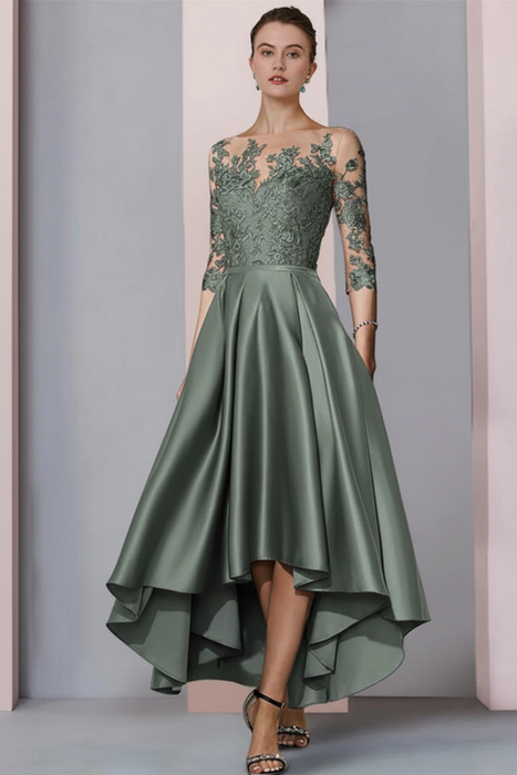 Dusty Sage Mermaid Satin Hi-Lo Mother of-Bride Dress with Appliques - Prom Dresses