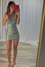 Dusty Sage Spaghetti Straps Satin Tight Short Homecoming Dress with Beadings