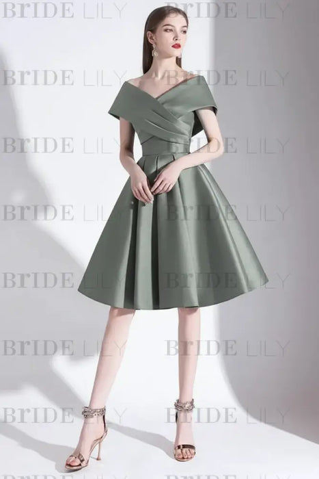Dusty Sage A-Line V-Neck Knee-Length Short Sleeves Pleated Satin Cocktail Dress 