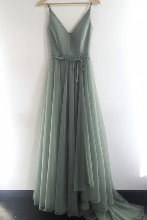 Dusty Sage A Line V Neck Spaghetti Straps Tulle Prom Dresses