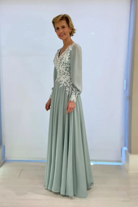 Dusty Sage Aline Chiffon Mother of the Bride Dress Long Sleeves with Appliques - Prom Dresses