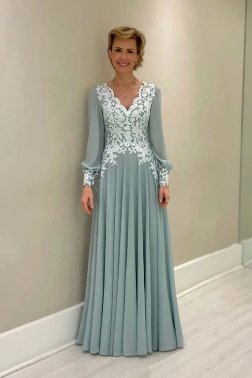 Dusty Sage Aline Chiffon Mother of the Bride Dress Long Sleeves with Appliques - Prom Dresses
